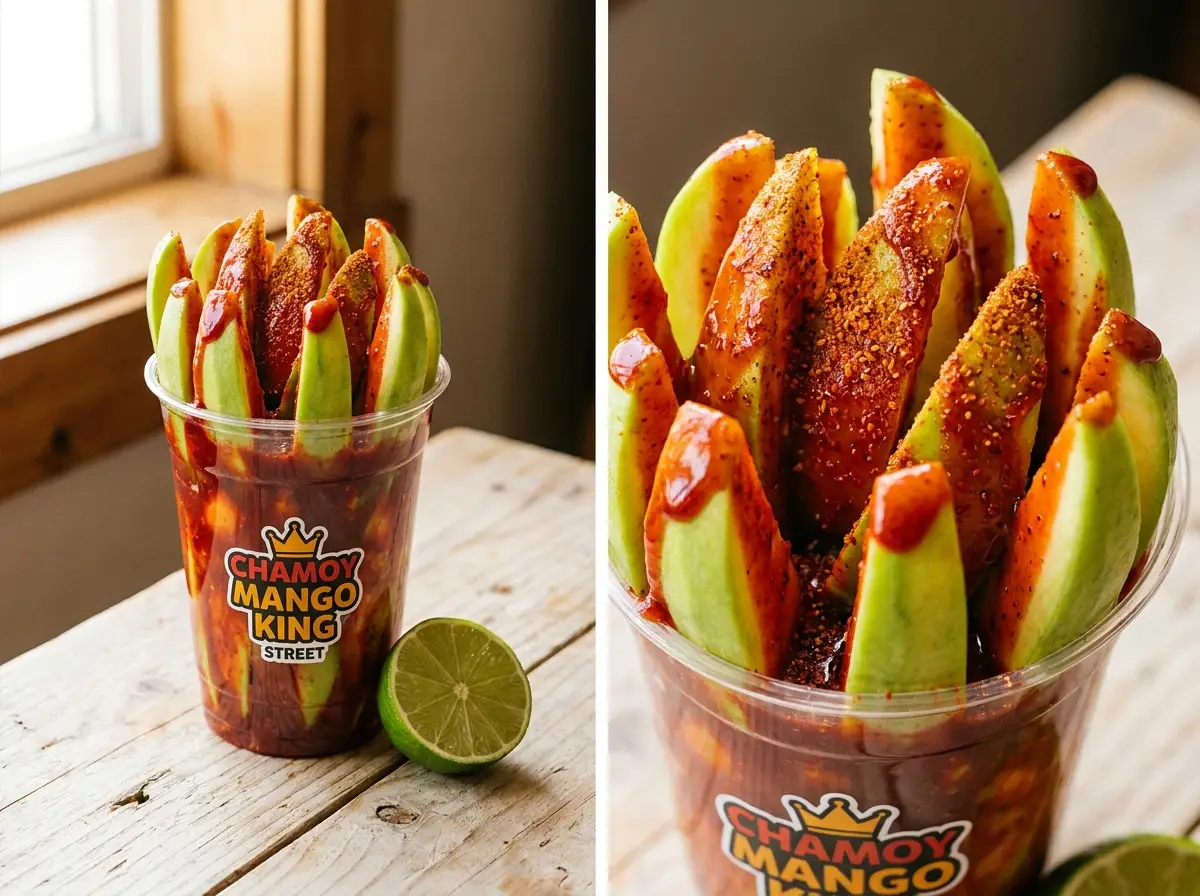 Vaso estilo callejero mexicano con bastones de mango verde bañados en chamoy y tajín