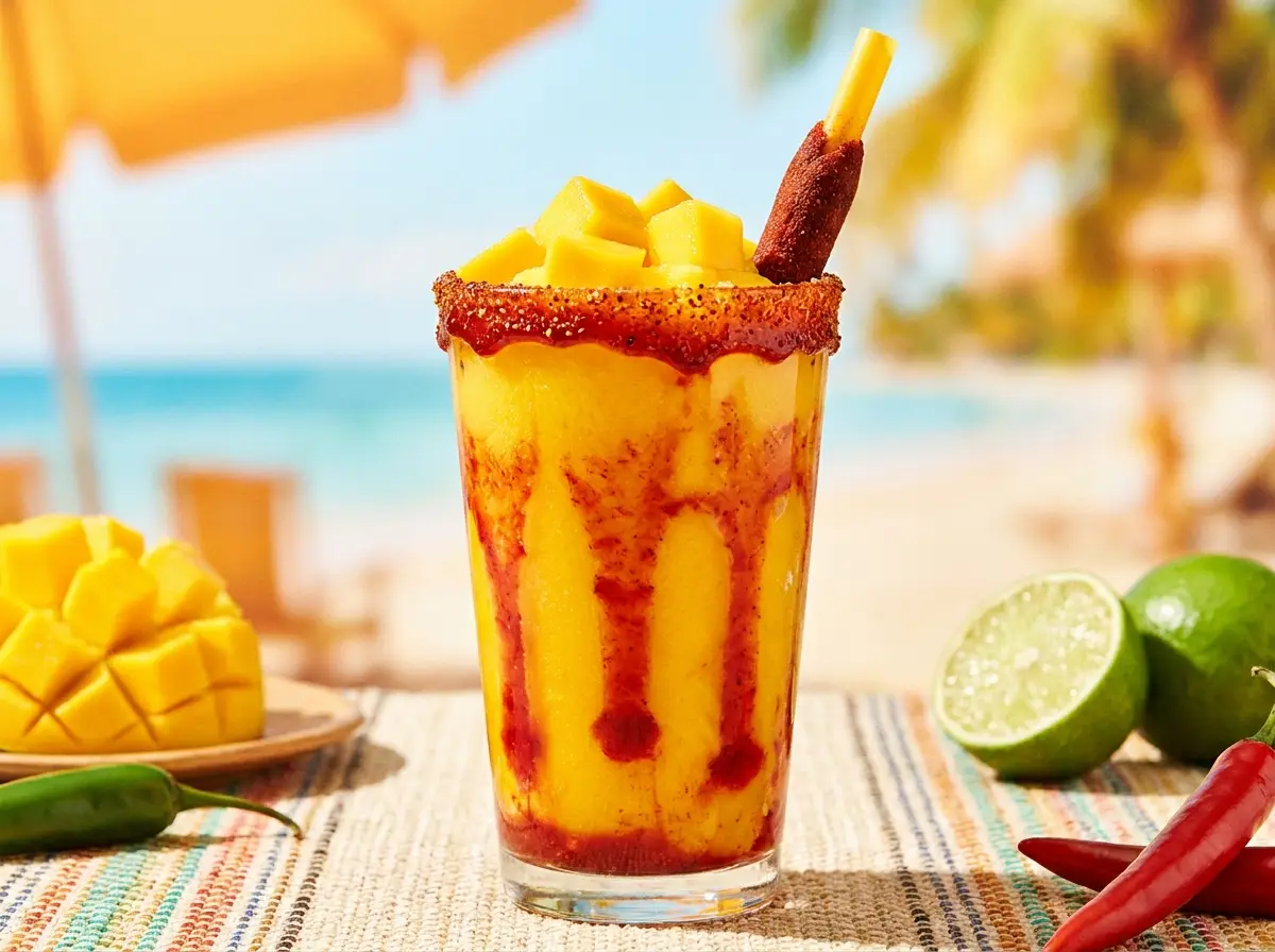Mangonada en vaso alto con granizado de mango, rayas de chamoy y palito de tamarindo