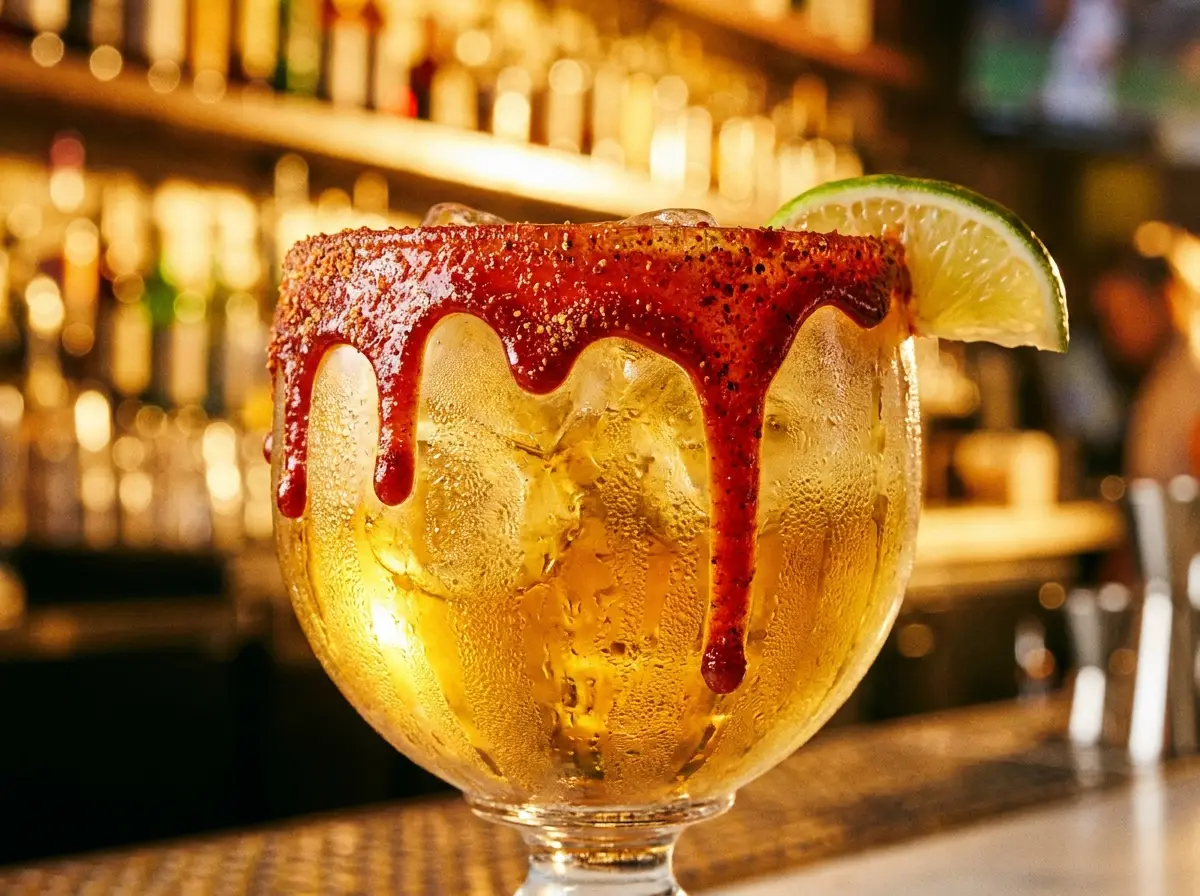 Michelada con cerveza dorada y borde escarchado de chamoy rojo con tajín