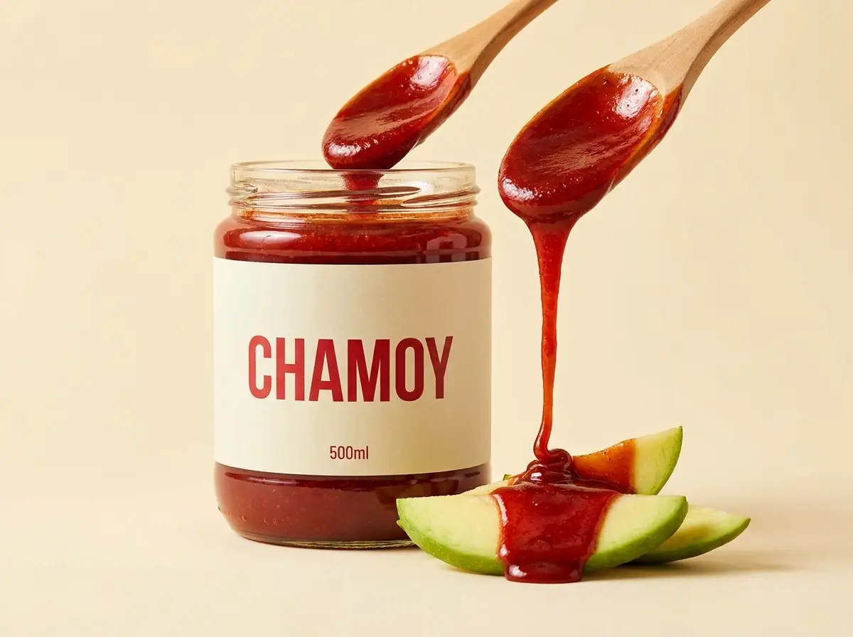Tarro de salsa de chamoy espesa con cuchara de madera y bastones de mango verde